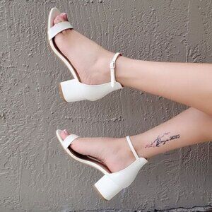 White Ankle Straps Low Chunky Heels Sandals